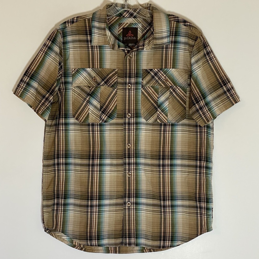 prAna Shirt Mens Small Tan Plaid Breathe Flap Pockets Organic Cotton Button Up S